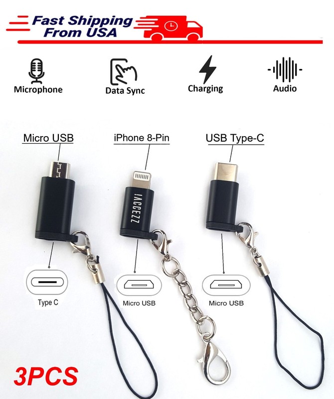 3PCS Lot Micro USB, 8-Pin, Type-C male Charger N Data Adapter w Antilost Layard