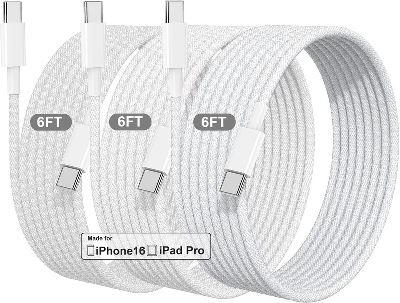 3X 6FT PD 60W Nylon USB-C to USB C Fast Charging Cable for iPhone 16/15 Pro Max