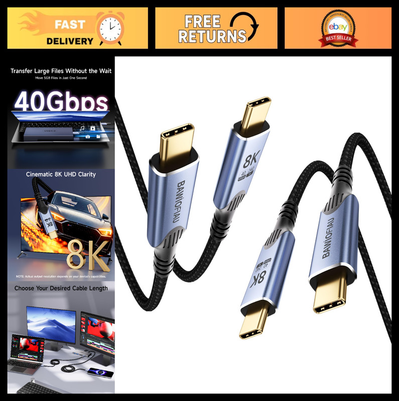 2-Pack USB 4 Cable 1FT, Short USB C Data Cable 40Gbps, 8K Video, 240W Fast Charg
