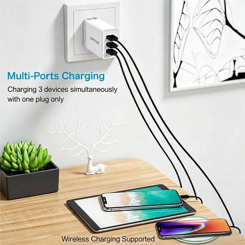 3 Port USB Home Wall Fast Charger for Cell Phone iPhone Samsung Android White gallery