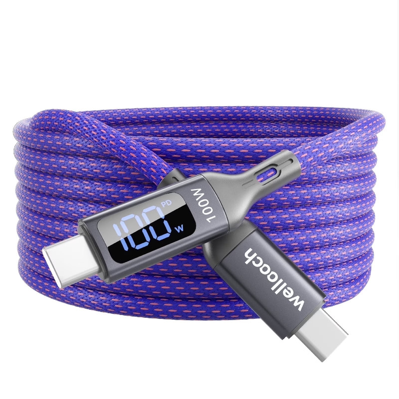 100W USB C to USB C Cable with Intelligent Current Chip & Digital Display, Cloth