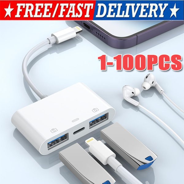 For iPhone to dual USB 3.0 Camera OTG Adapter with Charging Port for iPad lot