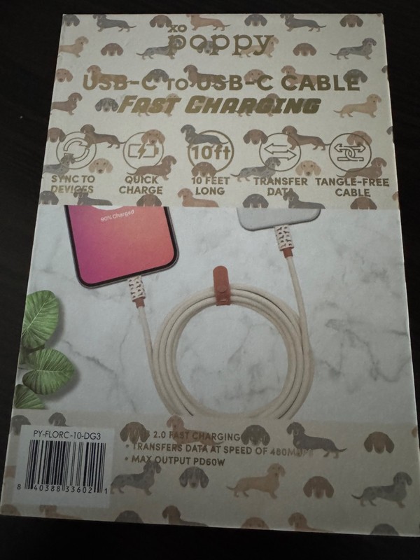 XO POPPY DACHSHUND USB-C to USB-C 10 FT FAST CHARGING CABLE gallery