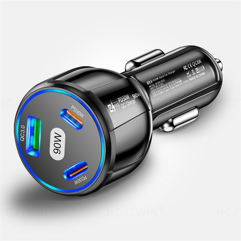 90W LED PD Fast Car Charger 3 Ports Adapter For Samsung iPhone Android Phone