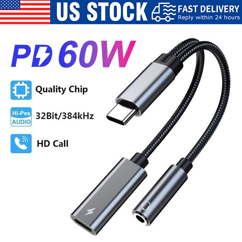 2 in 1 Type-C USB C to 3.5mm AUX Audio Headphone Jack Adapter Charger Cable lot