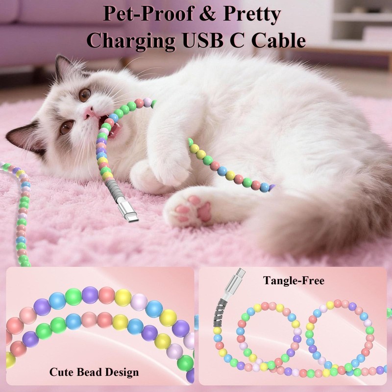 Beaded Phone Charger Cable 6ft USB A to C Colorful 2m/6ft, Multicolored gallery