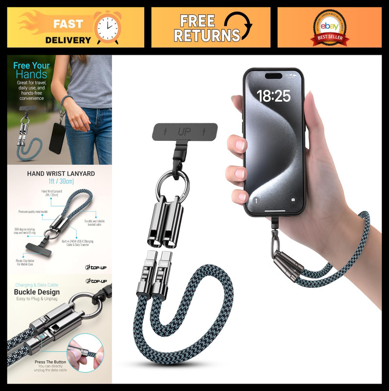 Universal 1ft Wrist Lanyard with USB C Charging Cable & Data Transfer – Durable