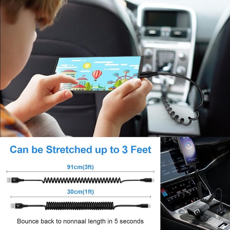 USB to USB C Cable Coiled 3FT Car Charger Cord for iPhone 16e/16/16 Pro/16 Pro M gallery