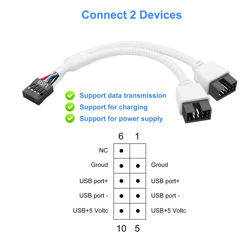 2 Pack Motherboard USB 2.0 9Pin Header Splitter Female to Dual Male White gallery