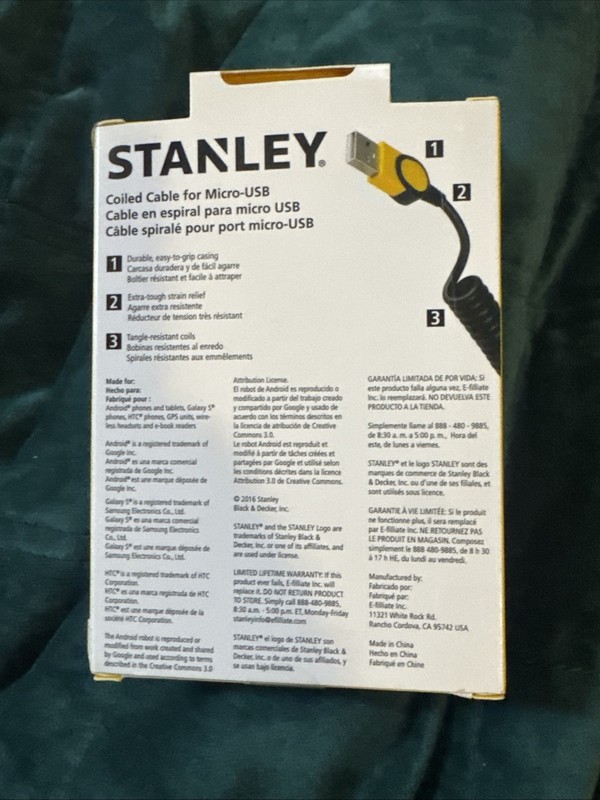 Stanley 3’' Coiled Cable For Micro-USB Phone Electronic Device Charger (#5t) gallery