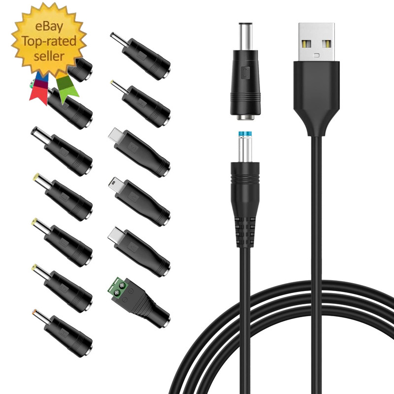 5V Universal DC Power Cable, USB to DC Charging Cord with 13Pcs Adapter Plugs fo