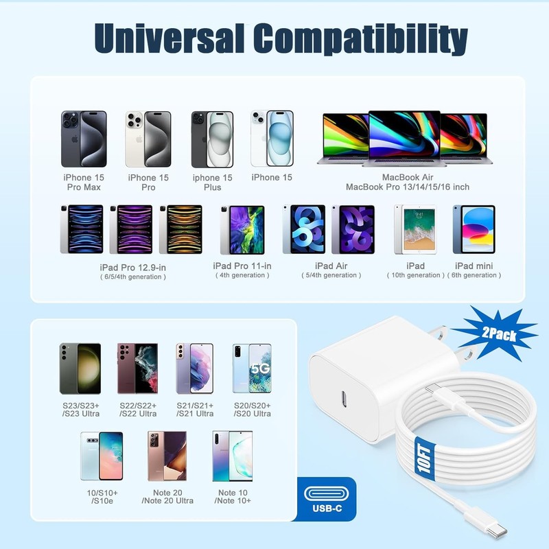 2Pack 10FT Long iPhone 17 16 15 Charger Fast Charging Type C To C Power Cord gallery