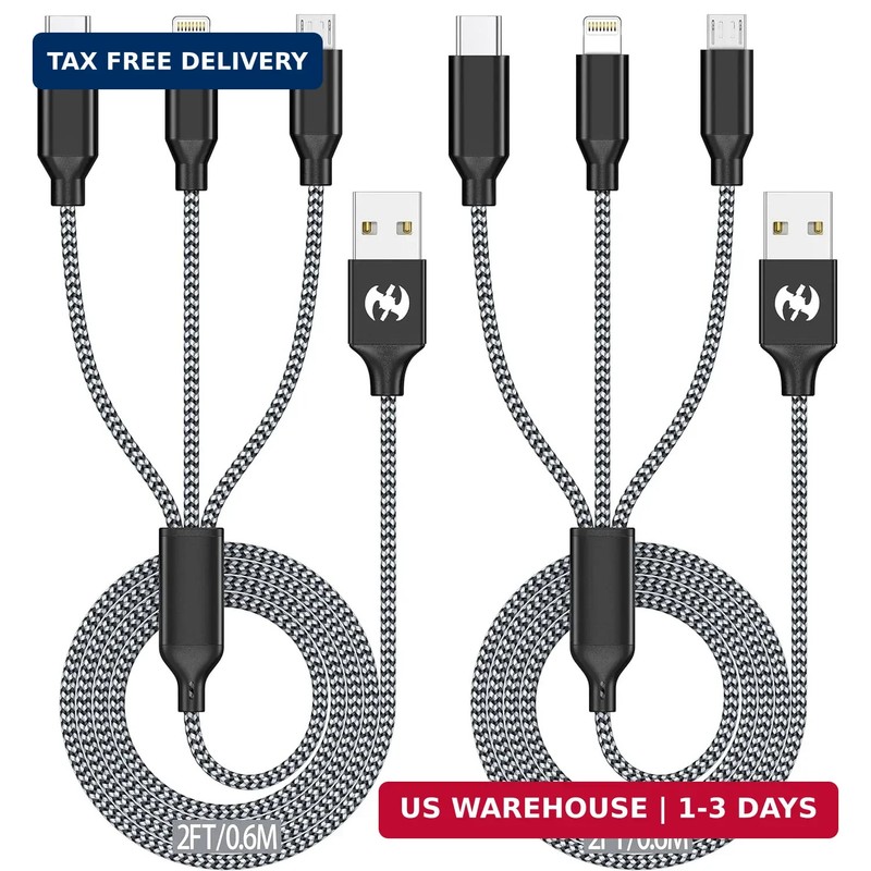 Multi Charging Cable 2ft 2Pack 3 in 1 Charger Cord, Short Multiple Rapid Nylon B