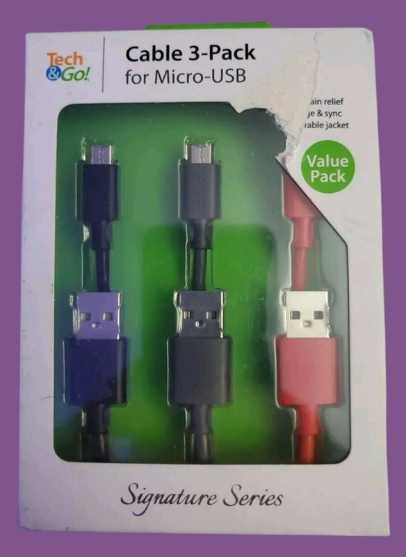 Tech & Go Micro-USB Cable 3-Pack 3ft Blue Grey White