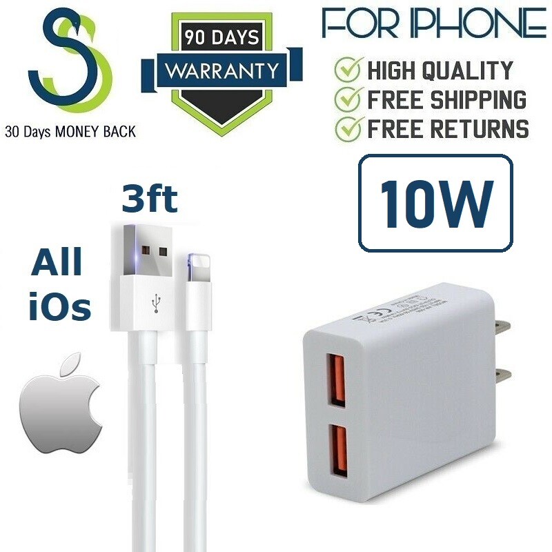 3ft USB Cable + 10W Dual Port Wall Charger For Iphone 6s,7,8,8+,X,XS,XR,11 [SS10