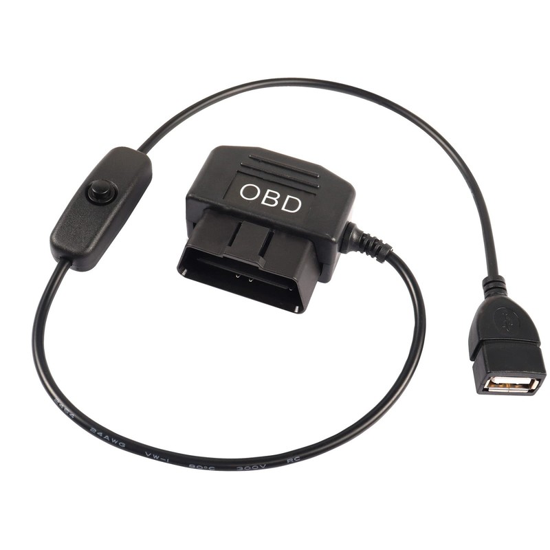 OBD to USB Power Cable Adapter 16Pin OBD2 5V 2A Switch Button 0.5M 1.6FT