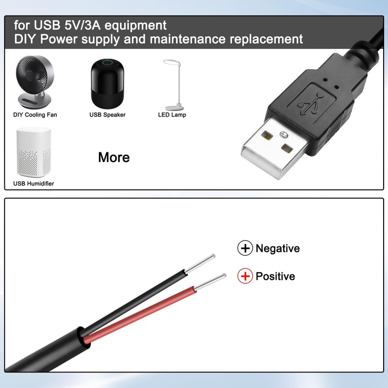 USB 2.0 Pigtail Cable Male Plug 2 Pin Open End Bare Wire 24AWG 5V 2.5A 5 PCS gallery