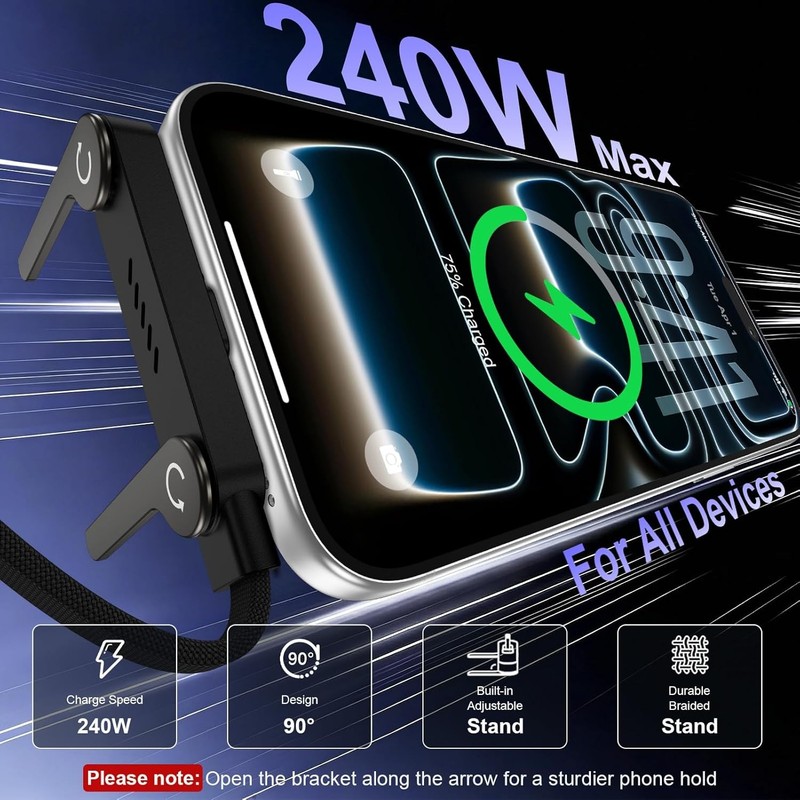 2in1 Invisible Holder Charger Cable–240W Fast Charging Cord with Phone Stand Lot gallery