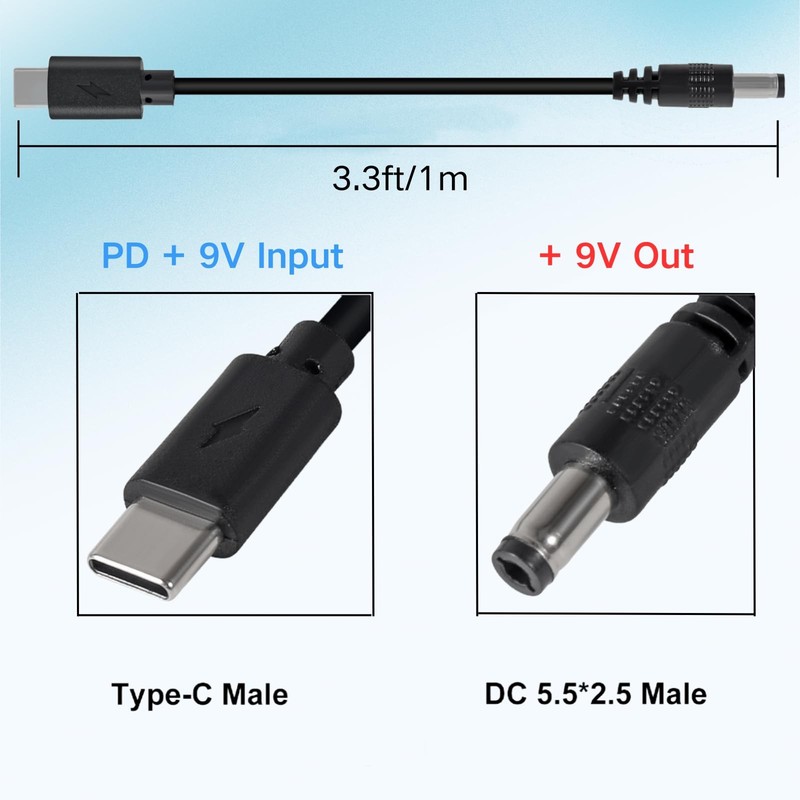 3.3 ft USB C to DC 9V Power Cord with 13 Connector Tips 5.5x2.5mm Plug gallery