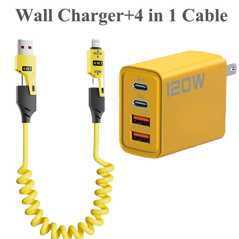 120W Fast Type C Wall Charger & 5FT 4 in 1 Cable For iPhone 16 Pro Max 15 14 13
