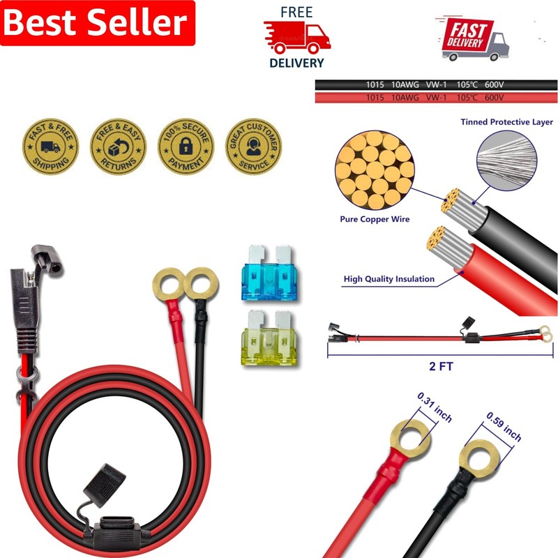 Versatile SAE to O Ring Terminal Cable – 2FT Water-Resistant Charger Extension