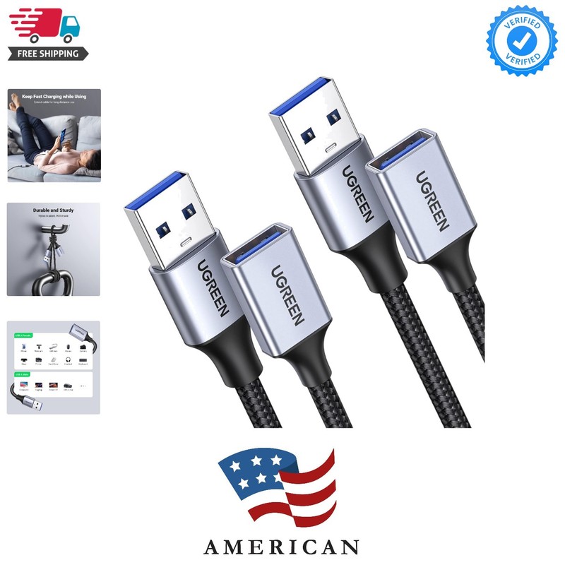 2 Pack USB Extension Cable 3 FT+ 3 FT, Nylon Braided Extender Compatible With…