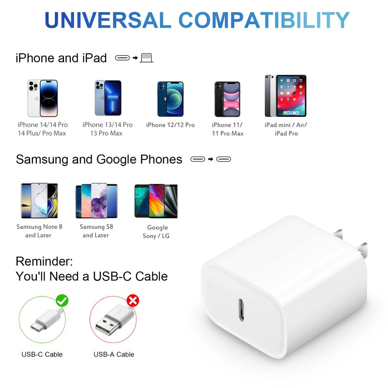 6FT iPhone Charger Cord 20W PD Fast Charging Cable and Wall Adapter Bundle gallery
