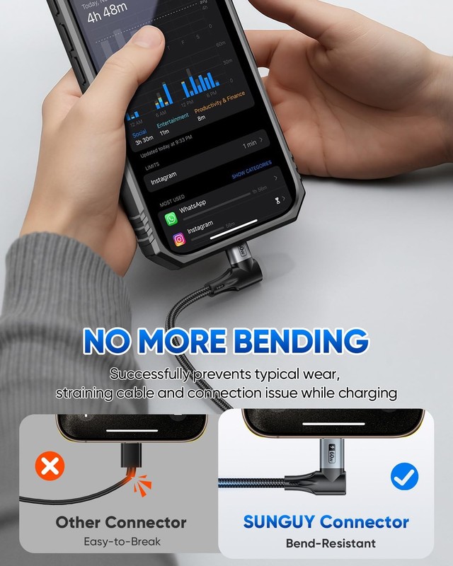 Right Angle USB C Cable 10FT 60W Fast Charging - Perfect for Thick Cases gallery