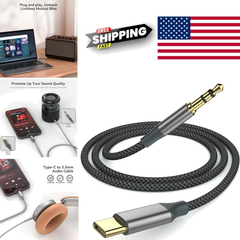 High Definition USB C to 3.5mm Cable 3.3ft Black Nylon Braided for Audio Devices
