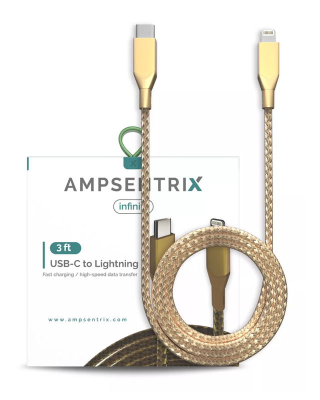 AmpSentrix – 3 Ft Non-MFI Lighting To USB Type C Cable (Infinity) (Gold)