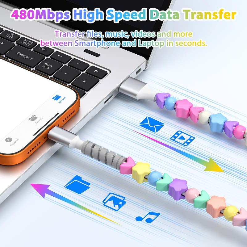 USB to USB C Cable 3.3FT Colorful Star Beads Charger Cord 27W for iPhone 17 1... gallery