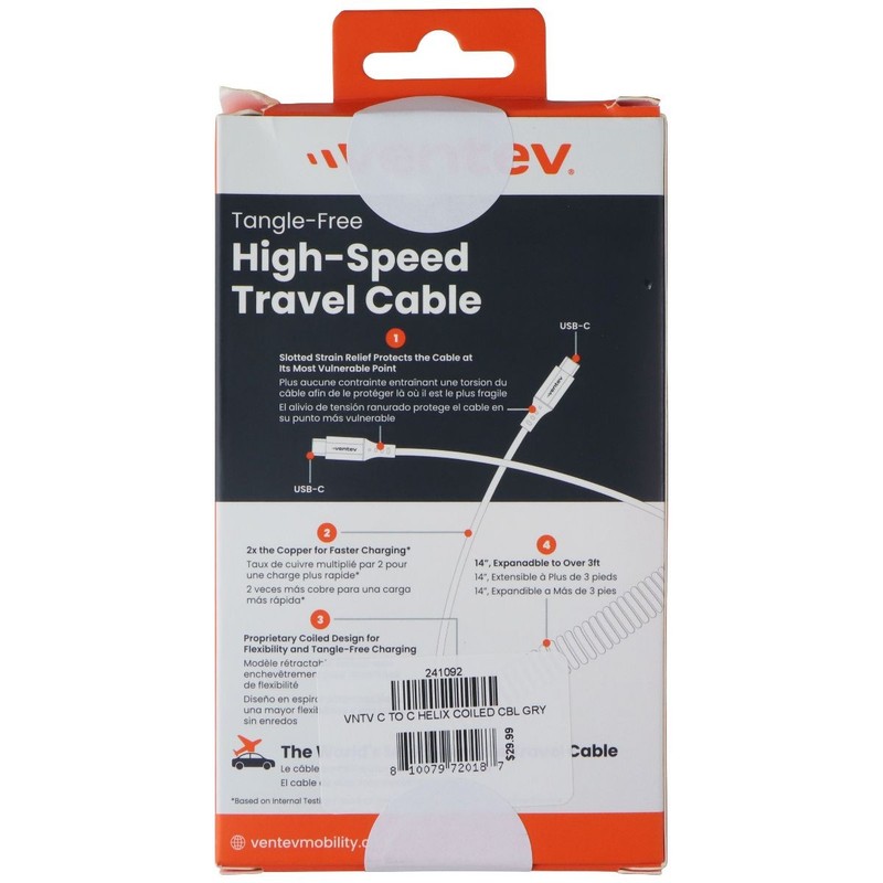Ventev USB-C to USB-C Expandable Tangle Free High Speed Travel Cable - Gray gallery