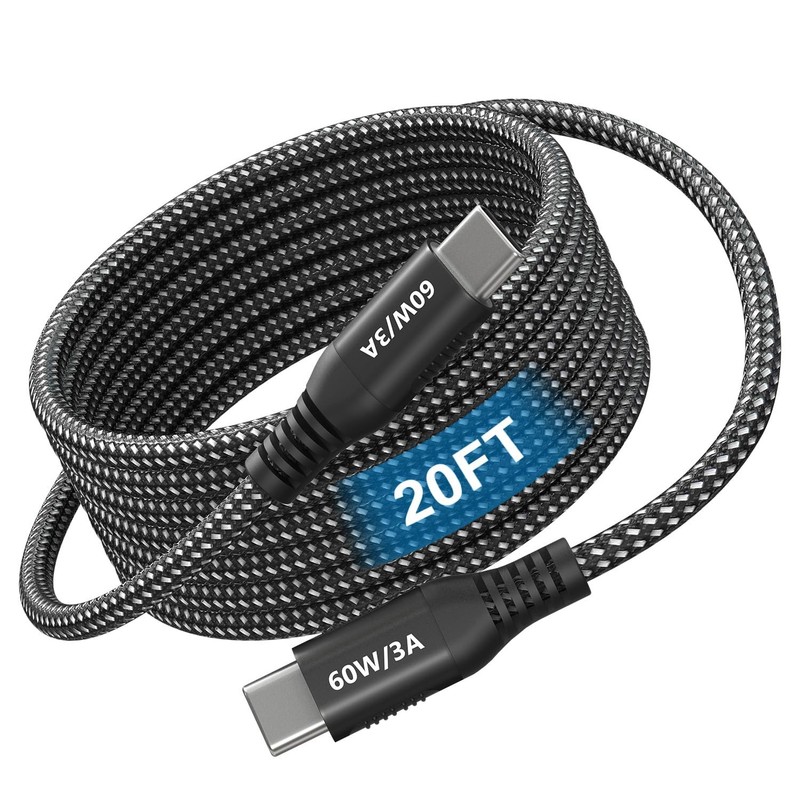 USB C to USB C Cable 20ft Super Long 60W Type C to C Charging Cord Braided USB
