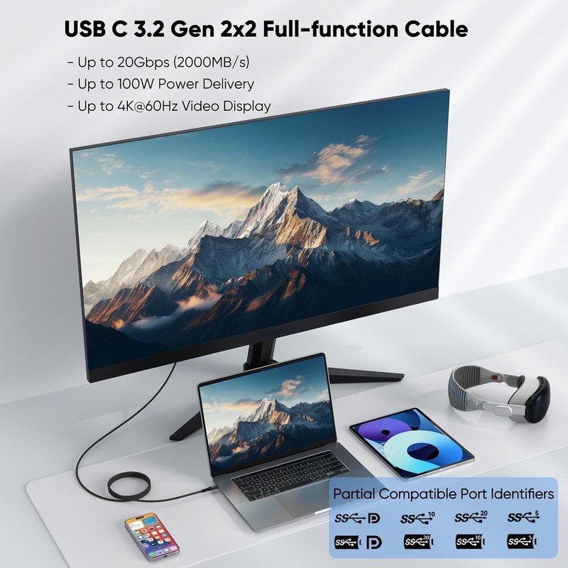 2 PCS 6Ft USB C To C Data Transfer Cable 3.2 Gen 2x2 20Gbps 4K@60Hz 100W gallery