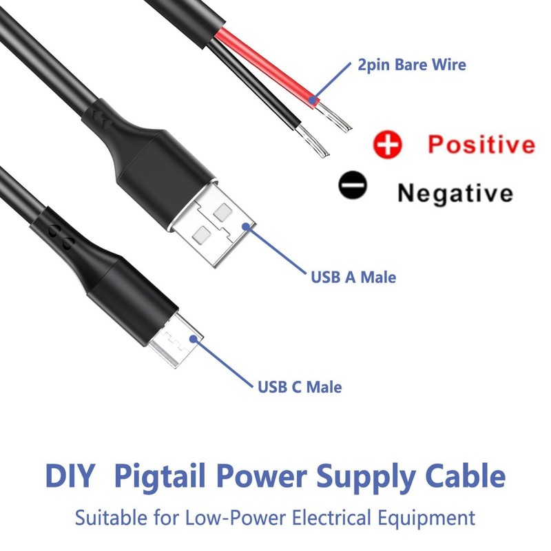 10 PCS USB A, USB C to 2-Pin Bare Wire Pigtail Cable Kit, 12V 3A, 5V 3A, DIY gallery
