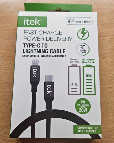 itek Fast-Charge Power Delivery Type-c to Lighting 4 ft Nylon Braided