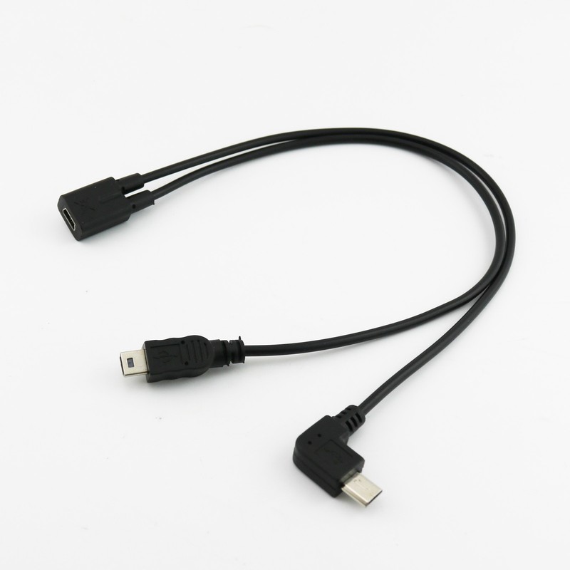 1pc USB Mini Female To Mini Male and Micro Right Angle Male Charger Y Cable 30cm gallery