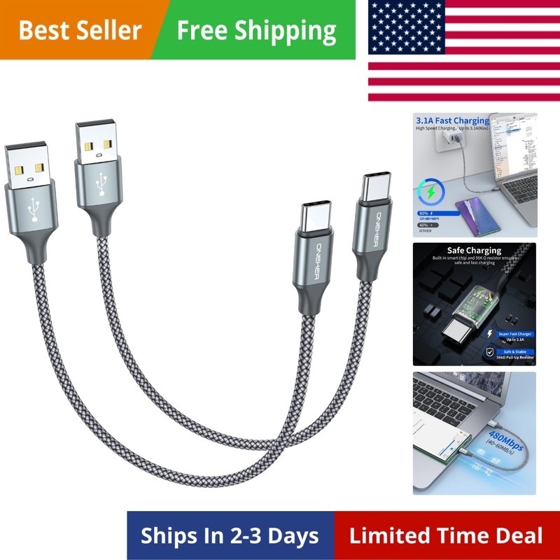 [2-Pack, 1Ft] Short USB Type C Cable,Portable USB-C Charger Nylon Braided Fast C
