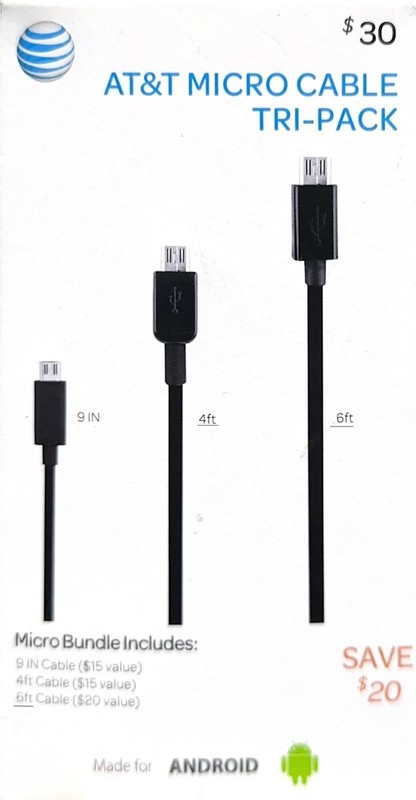 AT&T 3 Cable Bundle (9in/4ft/6ft) – Micro USB – Black