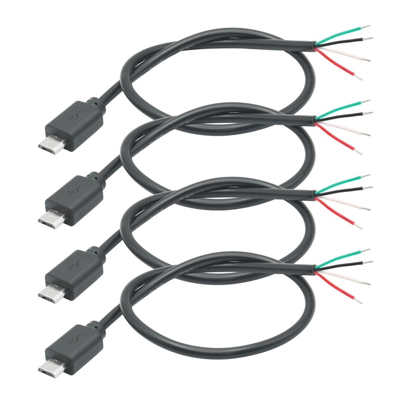 4 PCS 11 Inch Micro USB Male 4 Pin Bare Wire Pigtail 24AWG 5V/2A Power Data