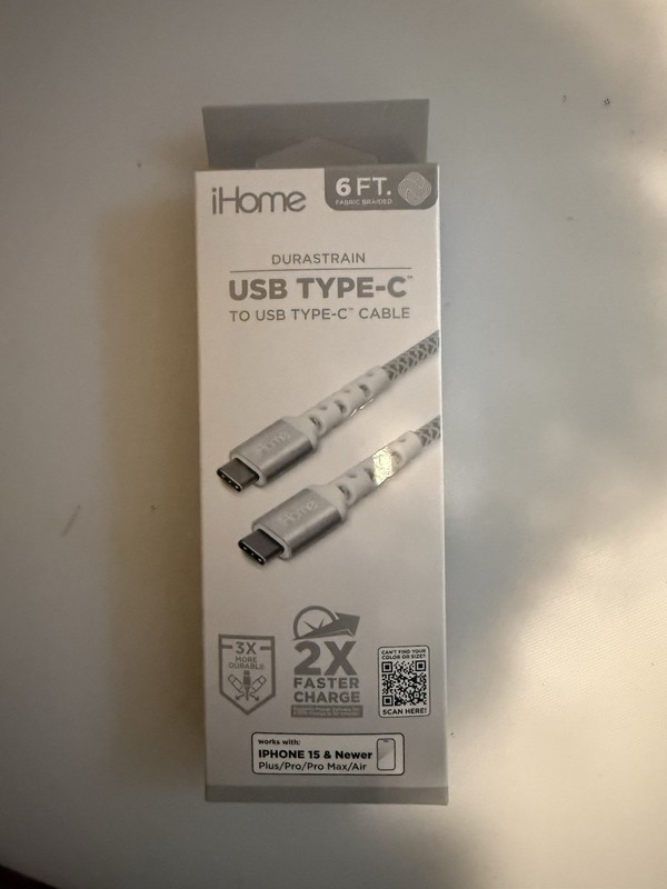 iHome 6ft Braided USB-C Fast Charge Cable for iPhone 15 Series, White