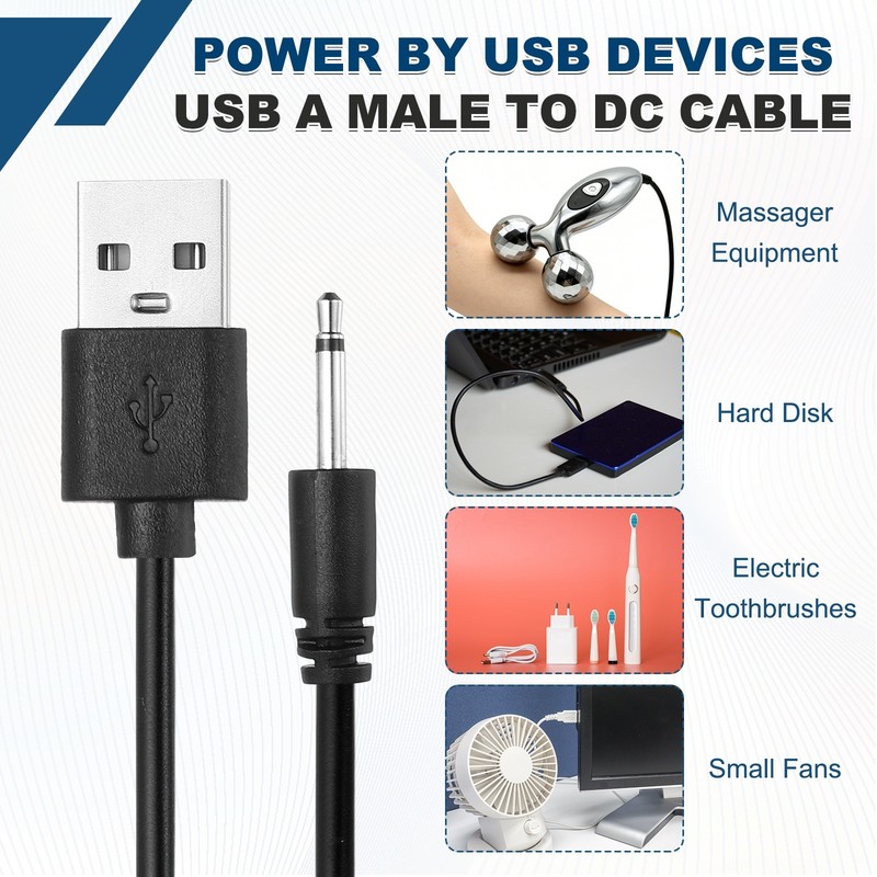 2Pcs 2.6FT DC Charging Cable, USB to DC Power Cable 2.5mm l 14mm, Black/White gallery