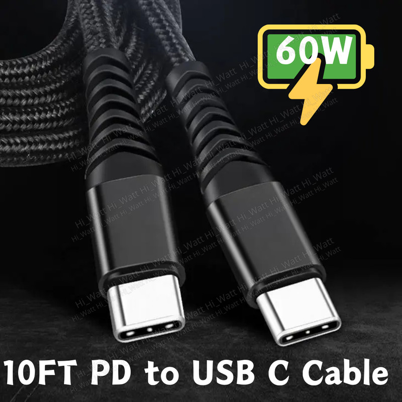 60W USB-C to USB-C Type-C Cable PD Fast Charge Charging Data Sync Cord 10ft Long