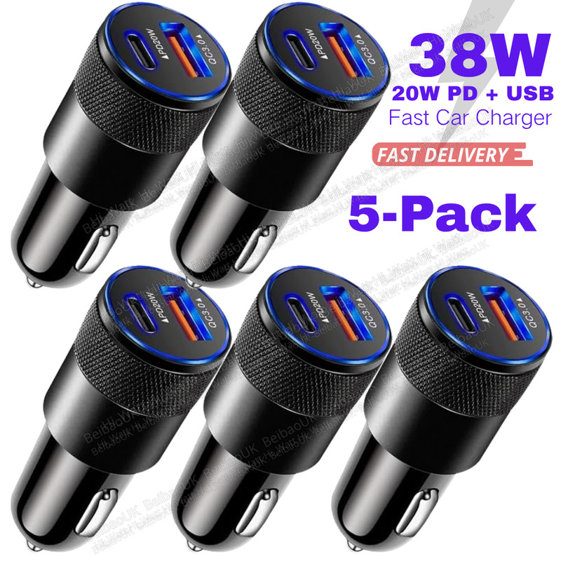 38W Fast Charge USB PD Type-C Car Charger Adapter 5X Lot For iPhone 16 15 14 13