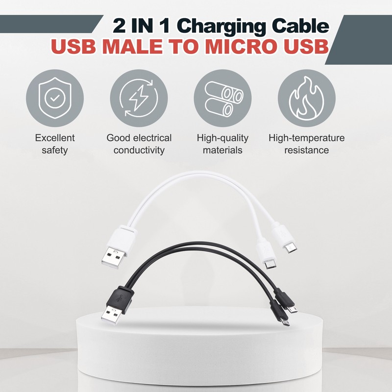 2Pcs Multi Charging Cable, 2 in 1 USB A to Micro USB Splitter 8", Black White gallery
