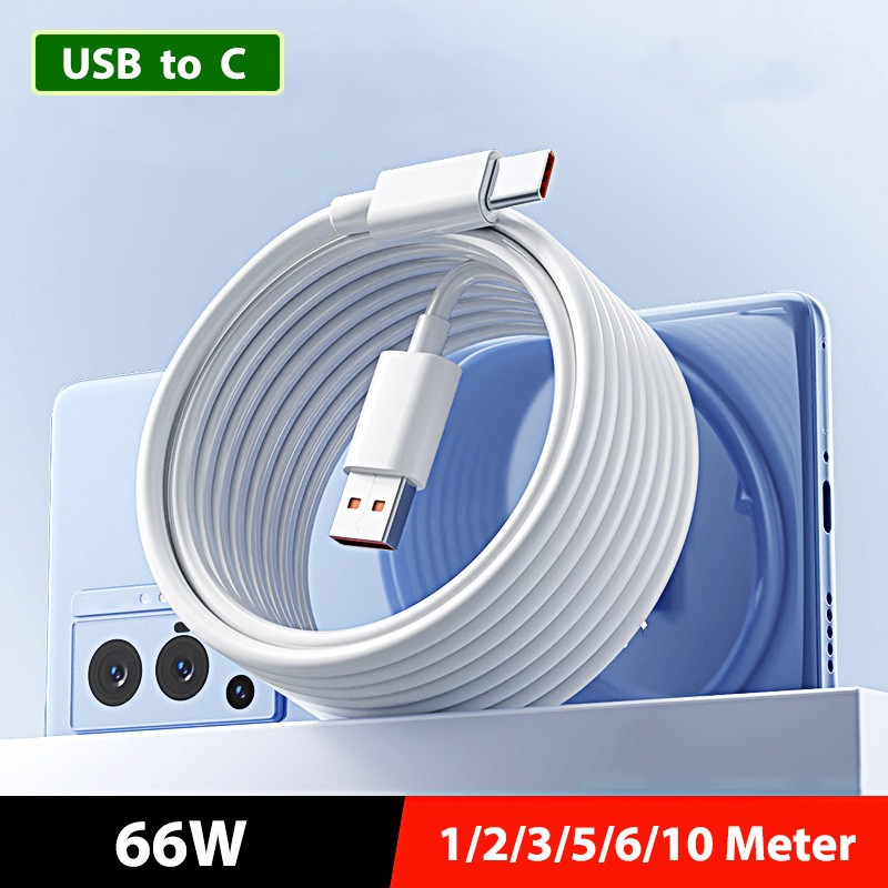 66W White Cable Phone Fast Lead Charger 6A USB to Type C Extended Wire 1-14Meter
