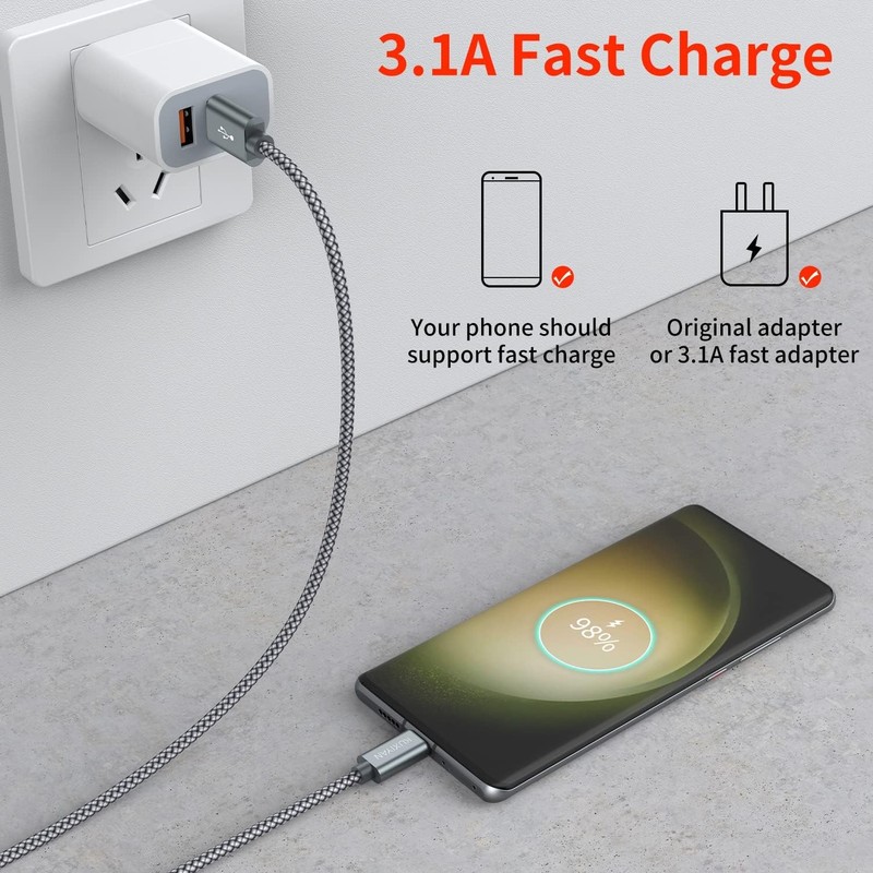 USB C Cable 2 Pack 3ft Nylon Braided Fast Charging Sync CarPlay Cord Gray gallery