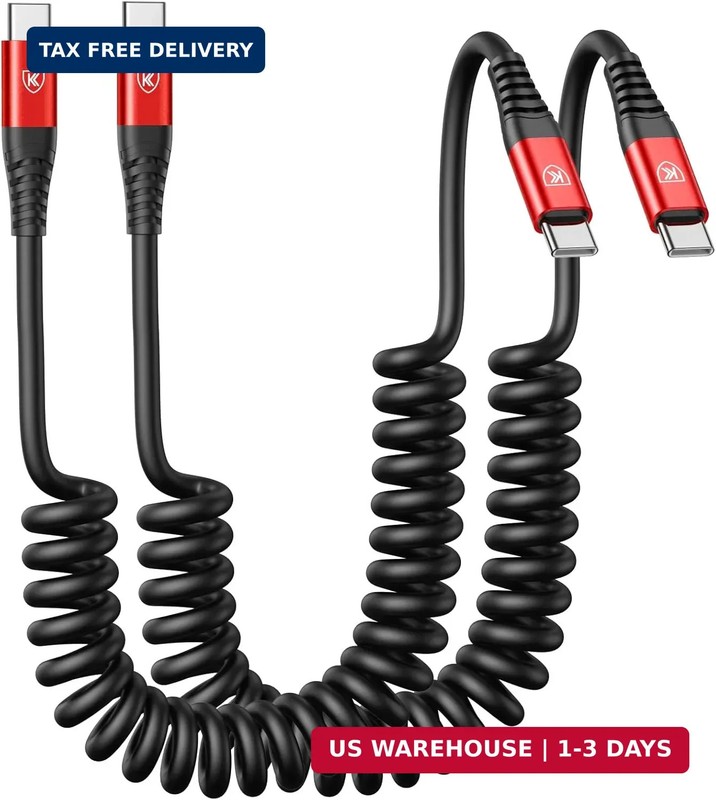 USB C Cable 3ft 2Pack USB C to USB C Charger Cable for Car, Coiled Type C Fast C