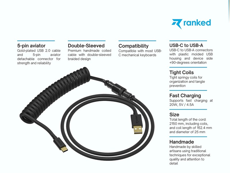 Black Coiled Keyboard Cable USB Type C to A 5Pin Aviator Fast Charge 20W gallery