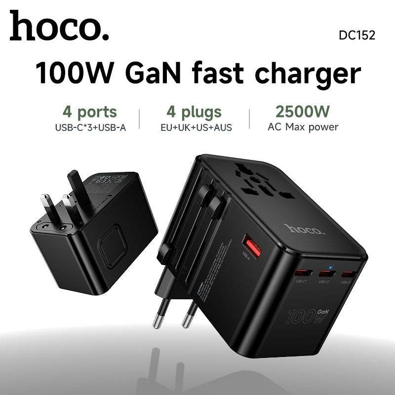 Hoco Travel Adapter 100W GaN with Fast Charging 4 Port Type-C and USB-A - Black gallery